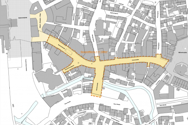 Karte zum Wettbewerbsgebiet zur Neugestaltung der Fußgängerzone Hirschstraße/Bahnhofstraße